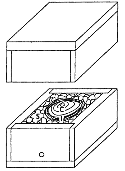 A drawing of the hive with brood comb established in a box.