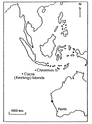 Map showing Christmas and Cocos Islands.