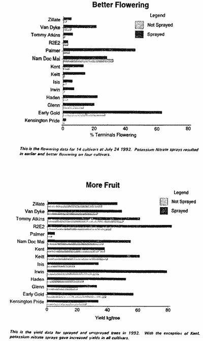 Graphs of the influence of trace elements on flowering and fruiting of mangos.